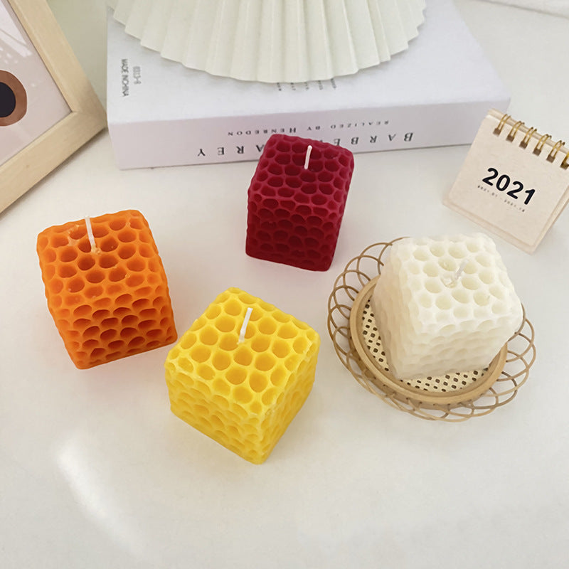 Hand-Poured Honeycomb-Textured Cube Tabletop Candle