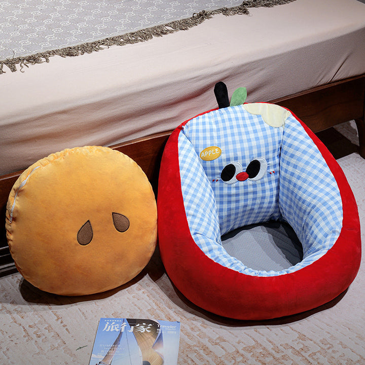 Padded baby seat cushion with ergonomic head and back support in apple design