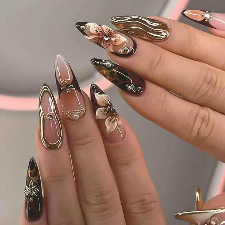 Artificial Nails Set with Elegant 3D Flowers and Glamorous Accents Kalsten