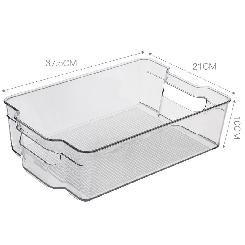 Transparent, flat storage box with handles and non-slip ribbed bottom
