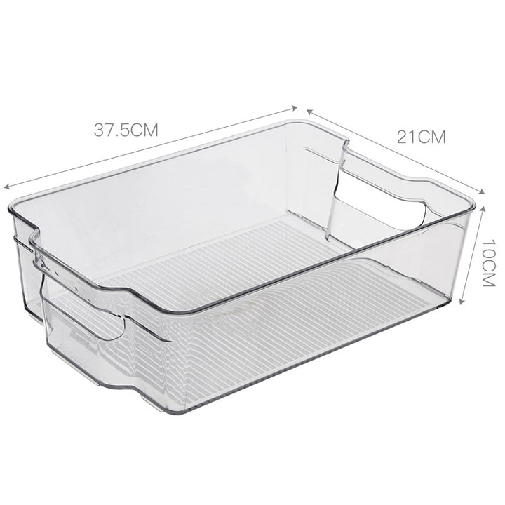 Transparent, flat storage box with handles and non-slip ribbed bottom