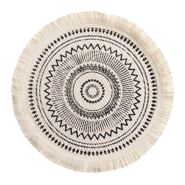 Beef handwoven cotton rug with fringes and graphic ethnic jacquard