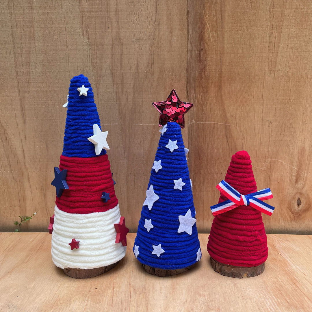 Unisex decorative table figure crocheted tree made of yarn with wooden base and star tip Kalsten