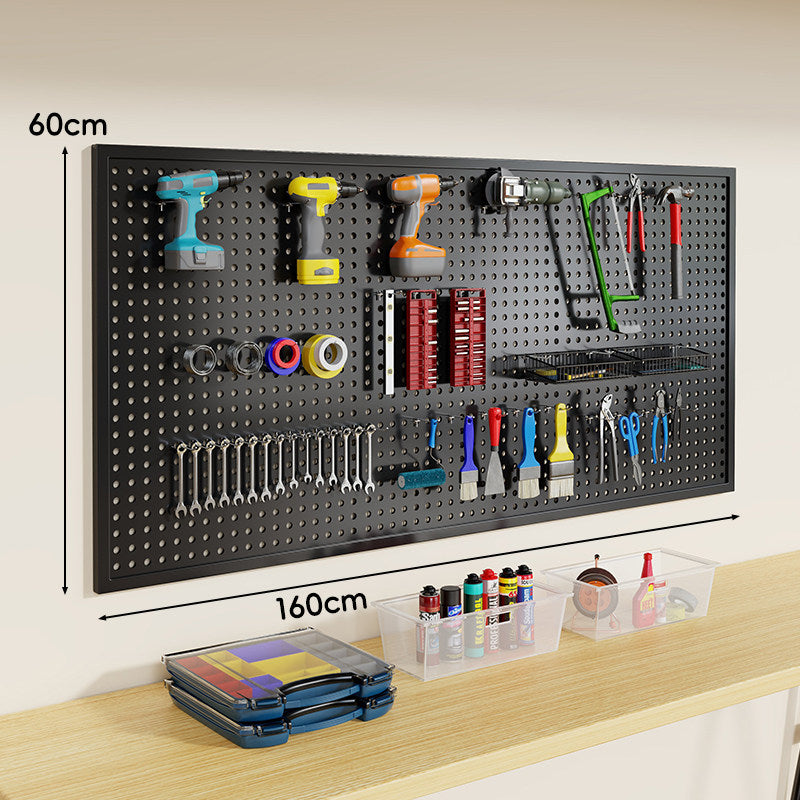 Wall-Mounted Perforated Metal Tool Pegboard Organizer Panel with Modular Hooks and Wire Baskets
