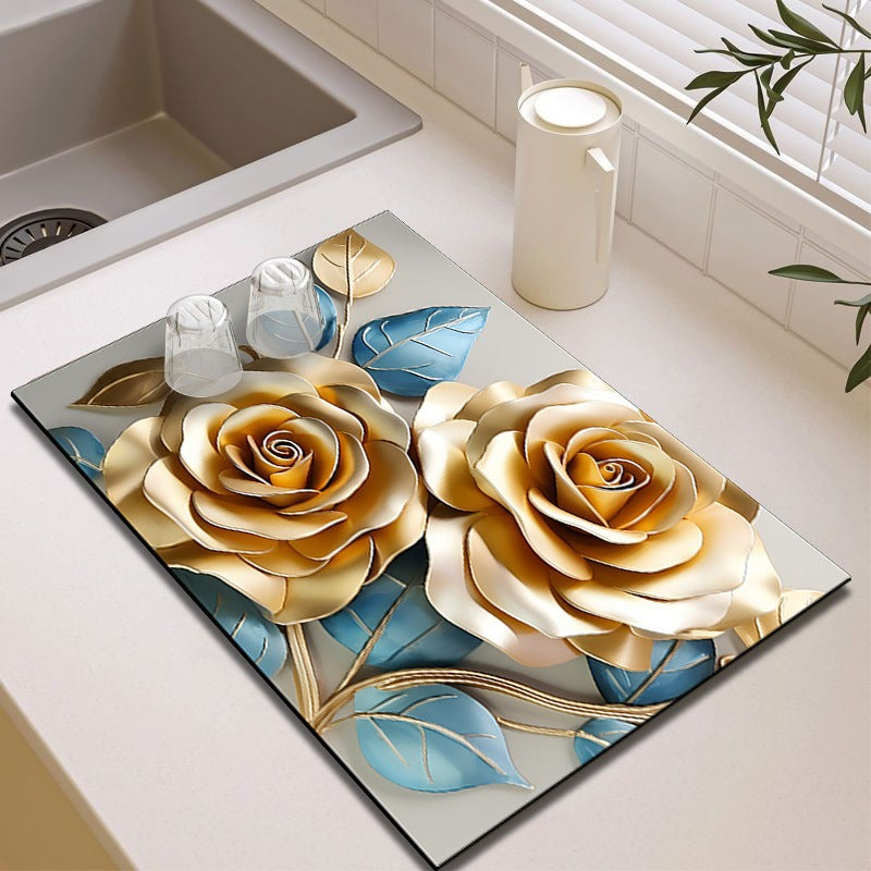 Elegant Floral Design Kitchen Mat