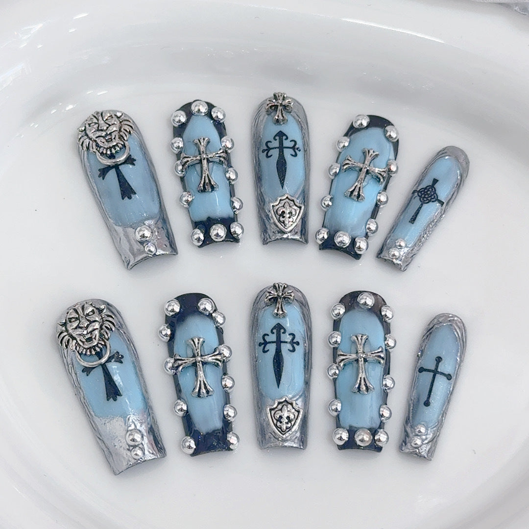 Decorative 3D Press-On Nail Set with Gothic Elements