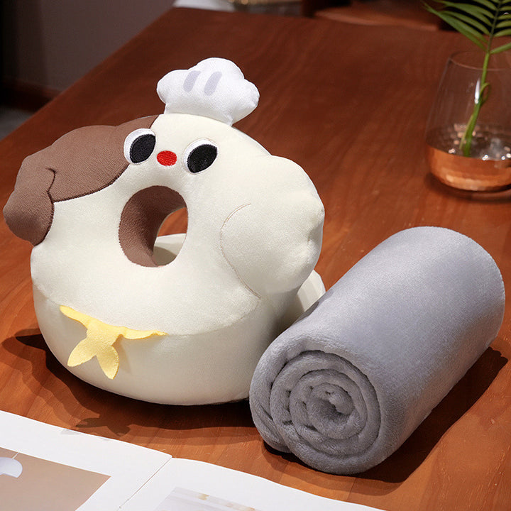 Ergonomic baby head pillow with center hole and cuddly blanket in cat plush design