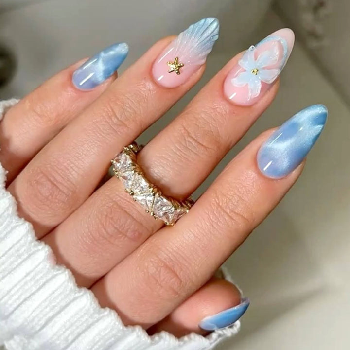 Artistic Press-On Nail Set with Iridescent Shell Accents kalsten