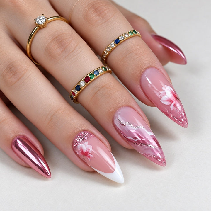 Acrylic nail set with floral patterns and glitter elements Kalsten