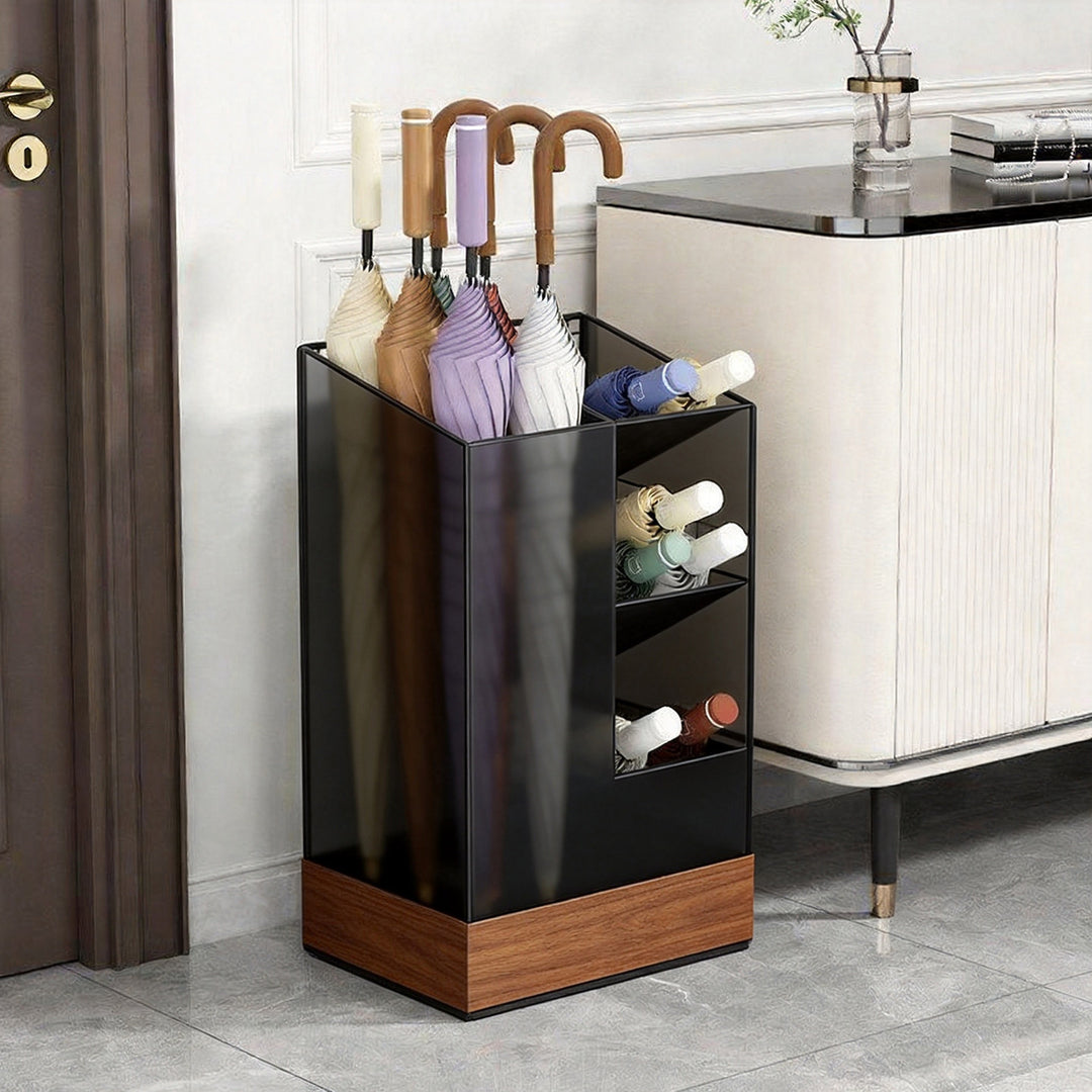 Tall Vertical Umbrella Stand with Integrated Angled Bottle Rack and Wood Base
