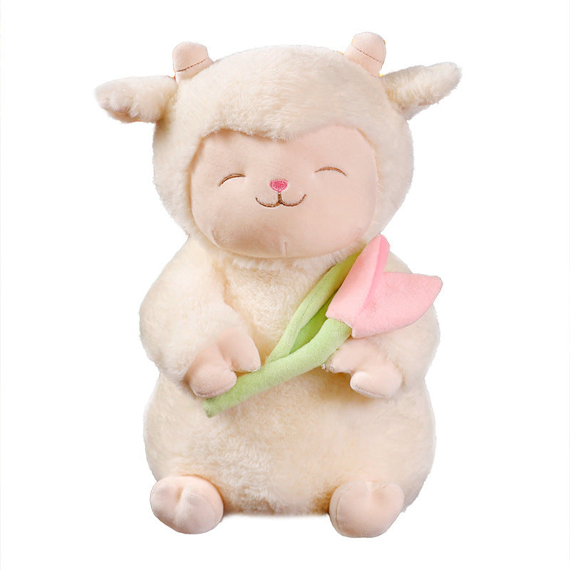 Sitting Lamb Plush Cuddle Doll with Weighted Huggable Core and Removable Tulip Accessory Kalsten