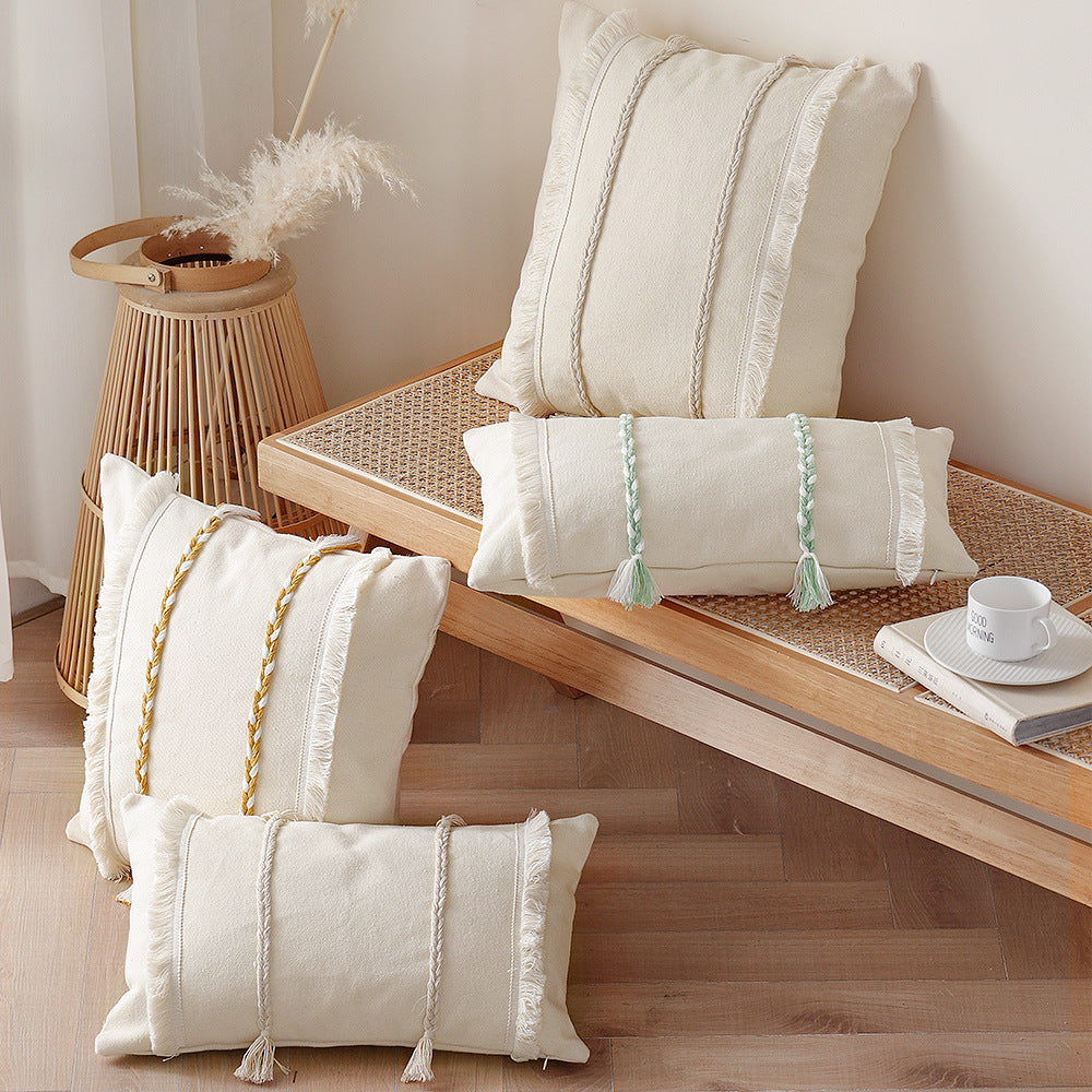 Premium cushion cover made of cotton-linen with triple decorative cord and fringes