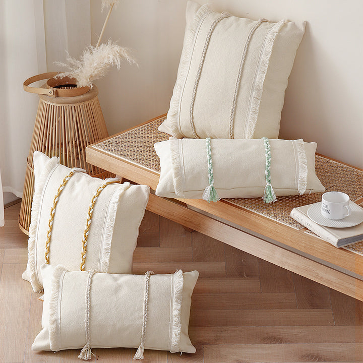 Premium cushion cover made of cotton-linen with triple decorative cord and fringes