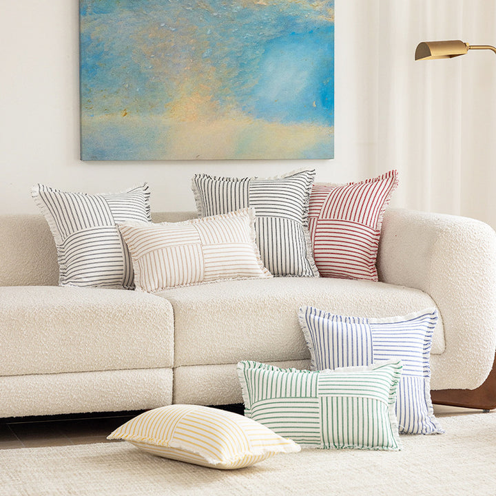 Decorative Rectangular Striped Patchwork Throw Pillow with Fringed Edges