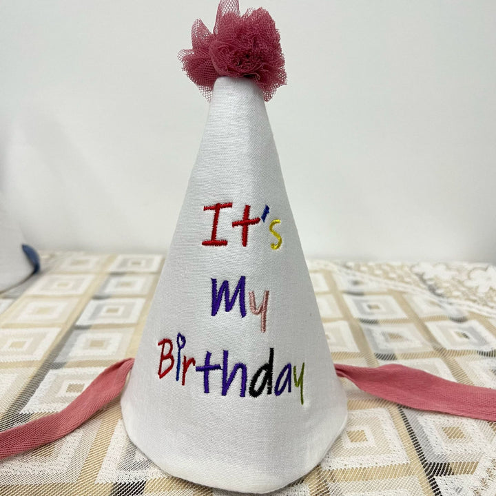 Embroidered Cotton Birthday Cone Party Hat with Tulle Pom and Ribbon Ties