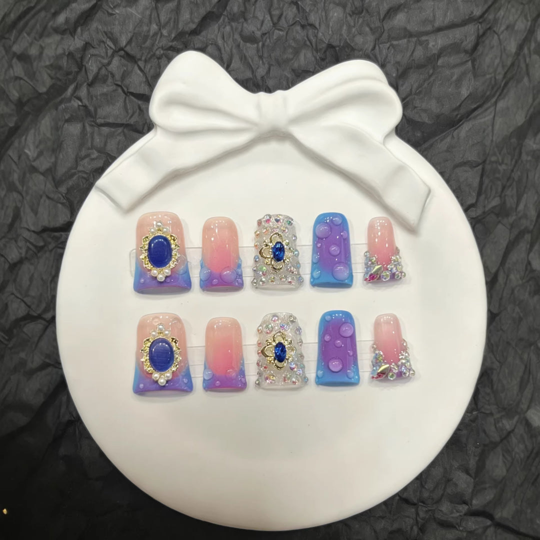 Artistic Premium Press-On Nail Set with Decorative Gem Accents