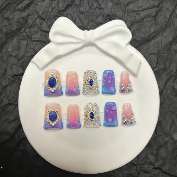Artistic Premium Press-On Nail Set with Decorative Gem Accents