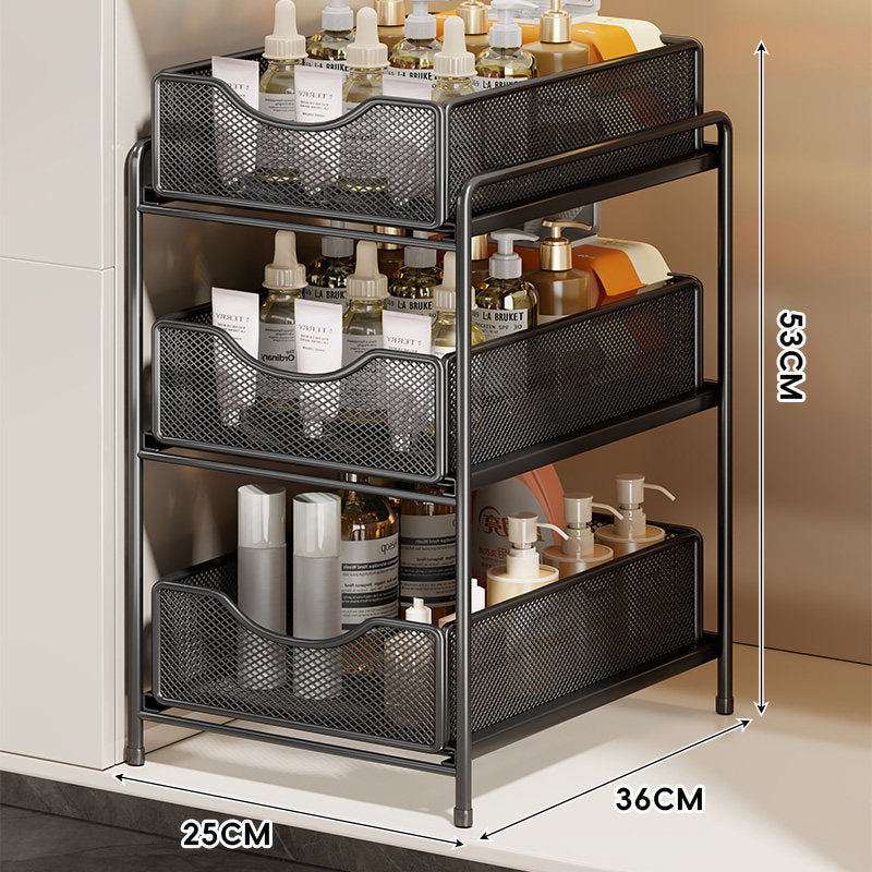 Three-Tier Sliding Mesh Drawer Cabinet Organizer for Kitchen and Bathroom