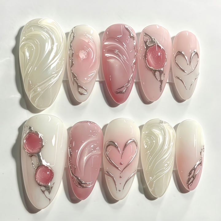 Elegant artificial nails with sophisticated heart and wave patterns Kalsten