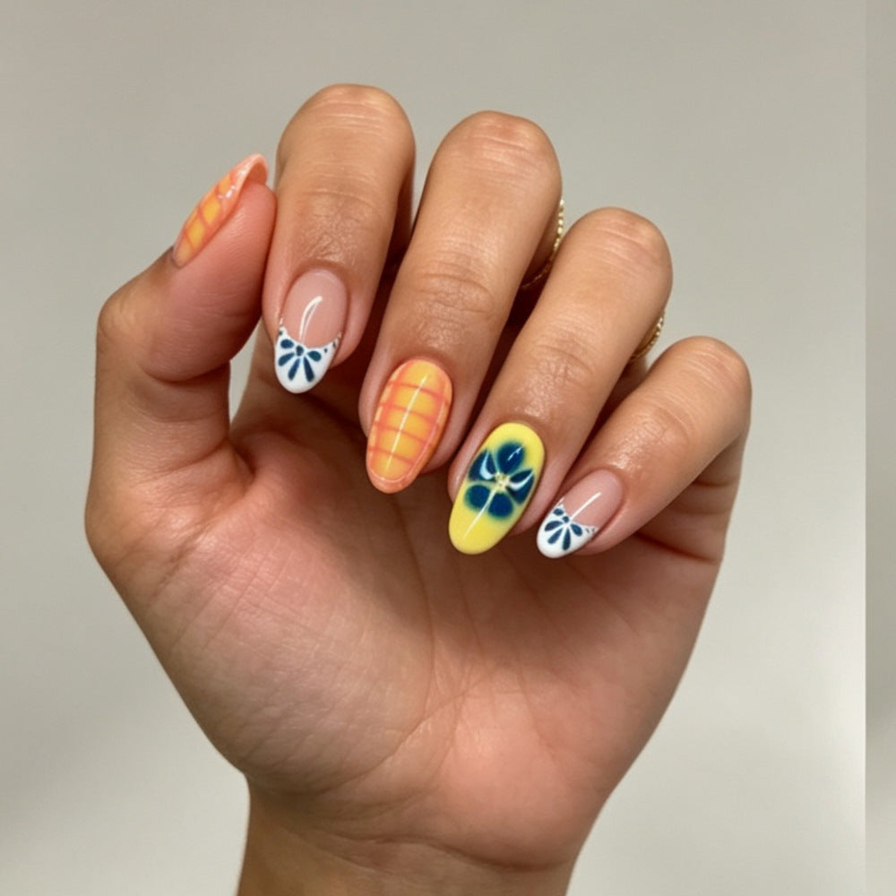 Artistic Press-On Nail Set with Floral and Geometric Designs Kalsten
