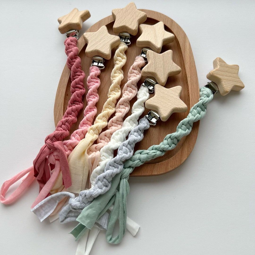 Braided Cotton Pacifier and Teether Clip with Wooden Star Clamp