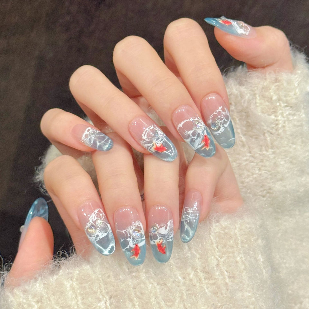 Artistic Press-On Nail Set with Unique Hand-Painted Design