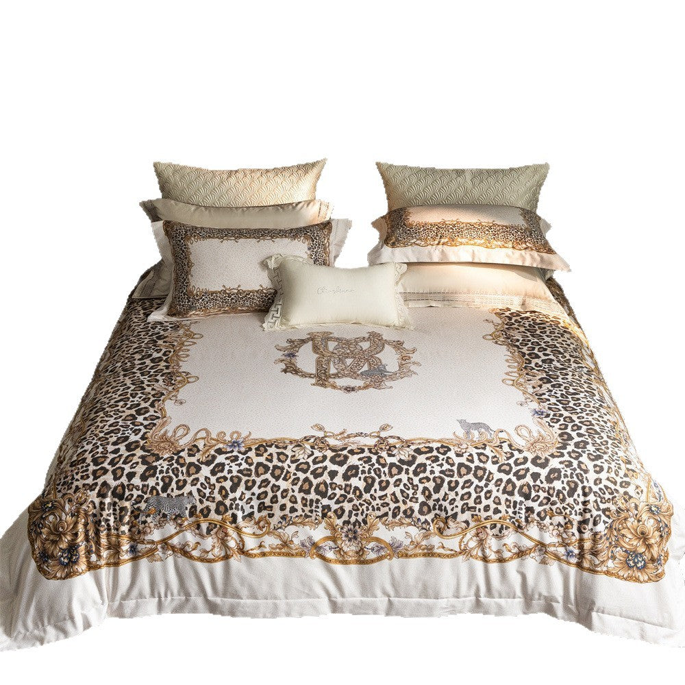 Luxurious satin bedding set with baroque leopard pattern