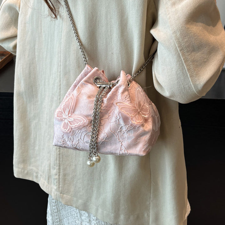 Butterfly Embellished Evening Drawstring Handbag