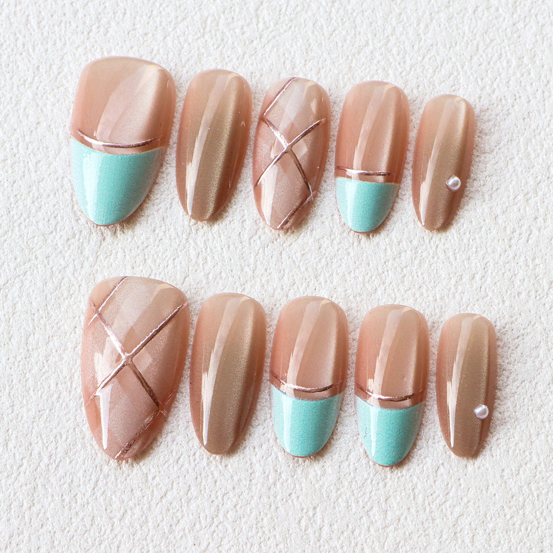 Artistic Press-On Nail Set with Gold Accents