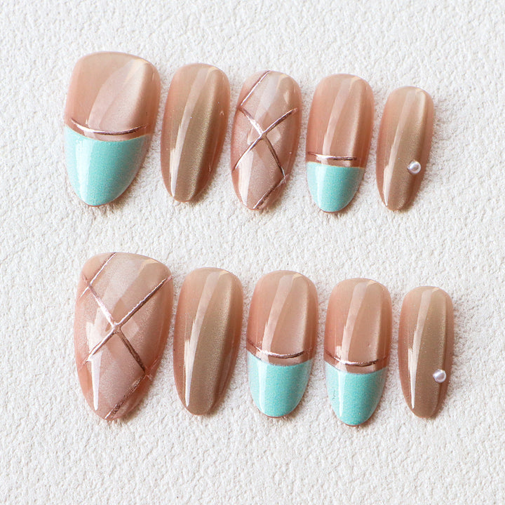 Artistic Press-On Nail Set with Gold Accents