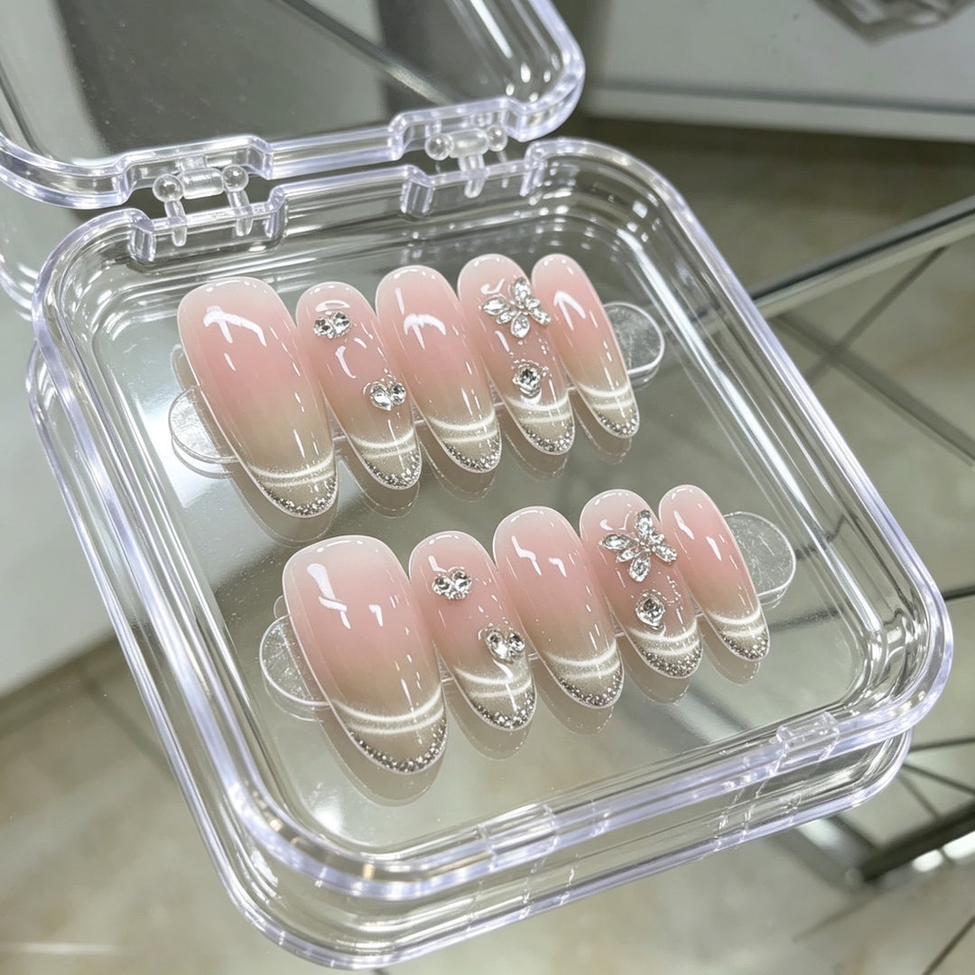 Elegant Press-On Nail Art Set with Floral and Gemstone Accents Kalsten