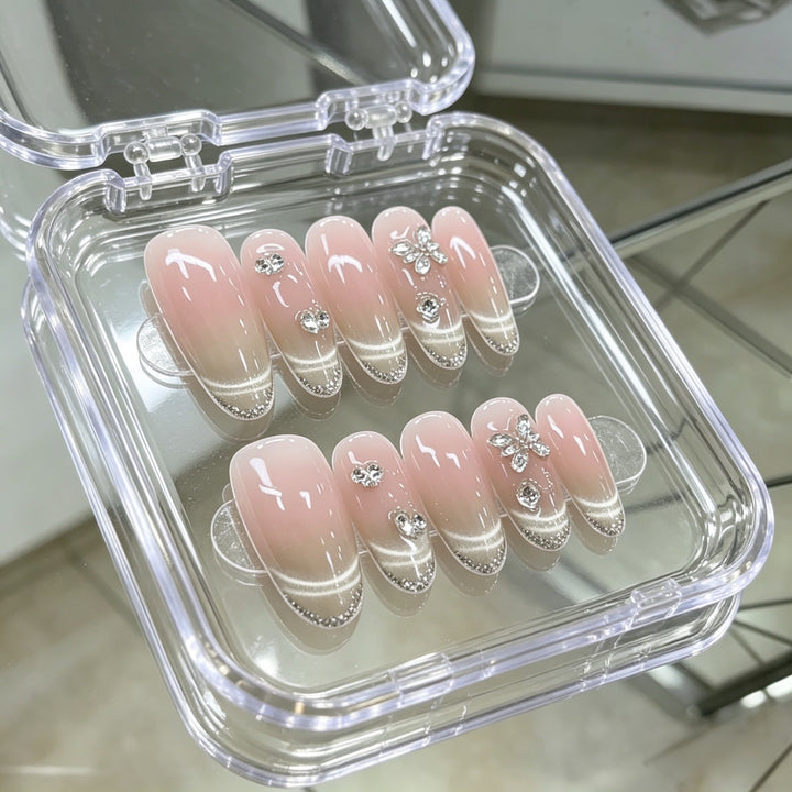 Elegant Press-On Nail Art Set with Floral and Gemstone Accents Kalsten