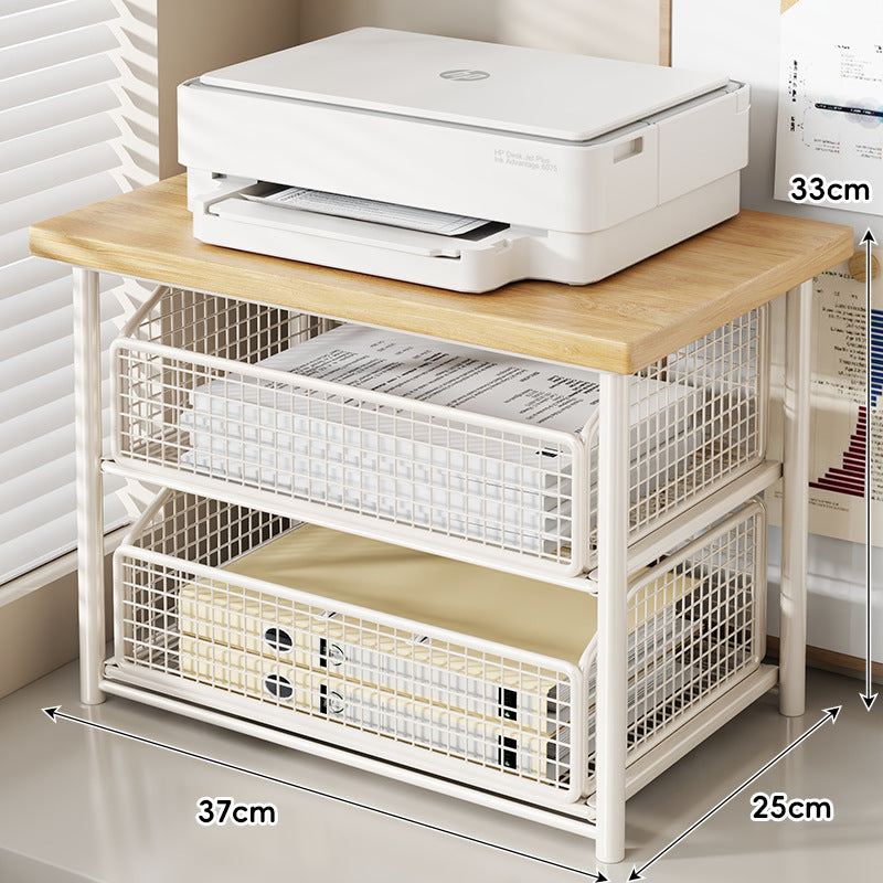 Adjustable Desktop Printer Stand with Wooden Top and Metal Mesh Storage Drawer