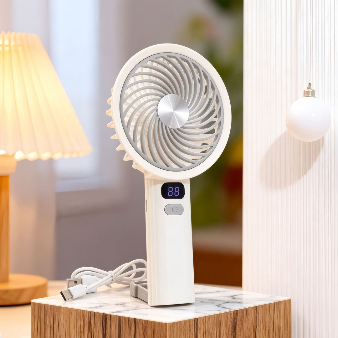 Ladies Portable Hand Fan with LCD Temperature Display and Rechargeable Battery Kalsten