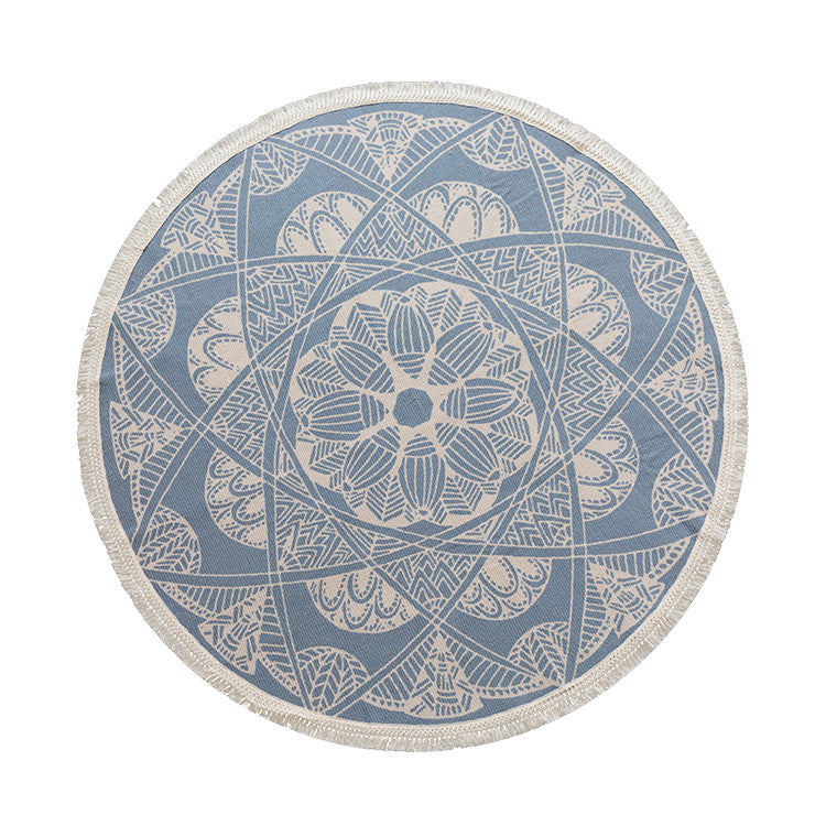 Round woven rug with mandala motif, flat cotton-jute mix and fringes Kalsten