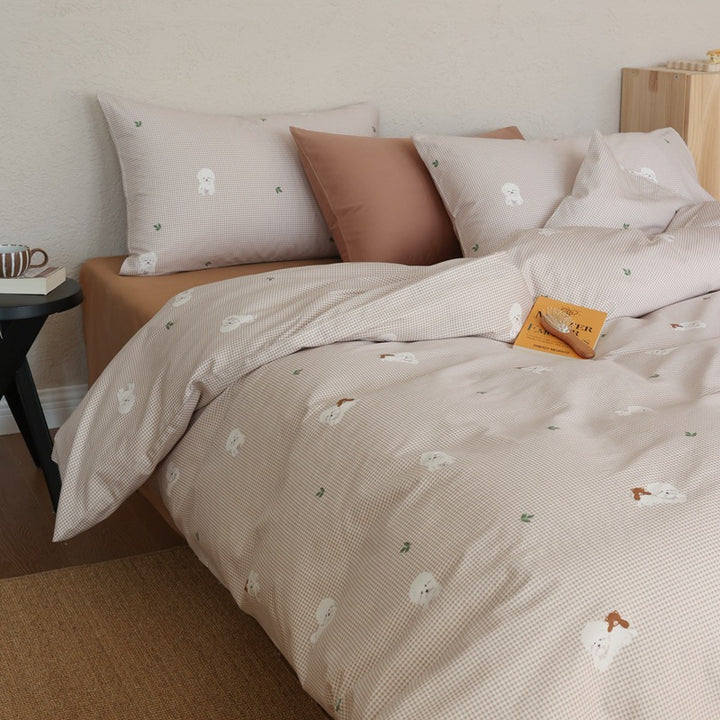Playful cotton percale bedding set with watercolor dog illustrations