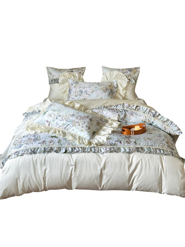 Luxurious bedding set with floral pattern, ruffles and satin finish