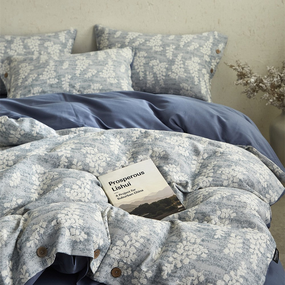 Bedding set – cotton-linen mix with fine flower relief and button placket