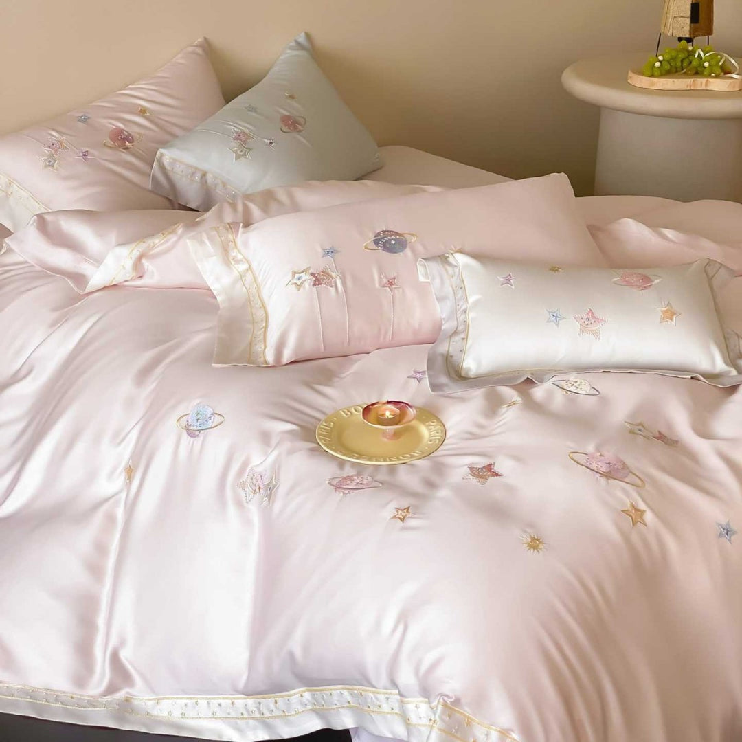 Satin bedding set with embroidered galaxy motif and silky smooth finish