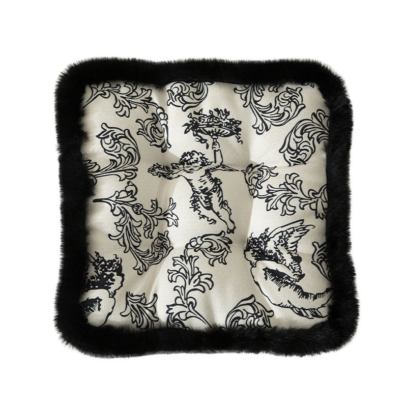 Square seat cushion with quilted upholstery and faux fur border