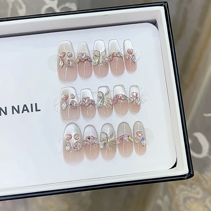 Decorative Artistic Press-On Nail Set with Heart and Bow Accents Kalsten