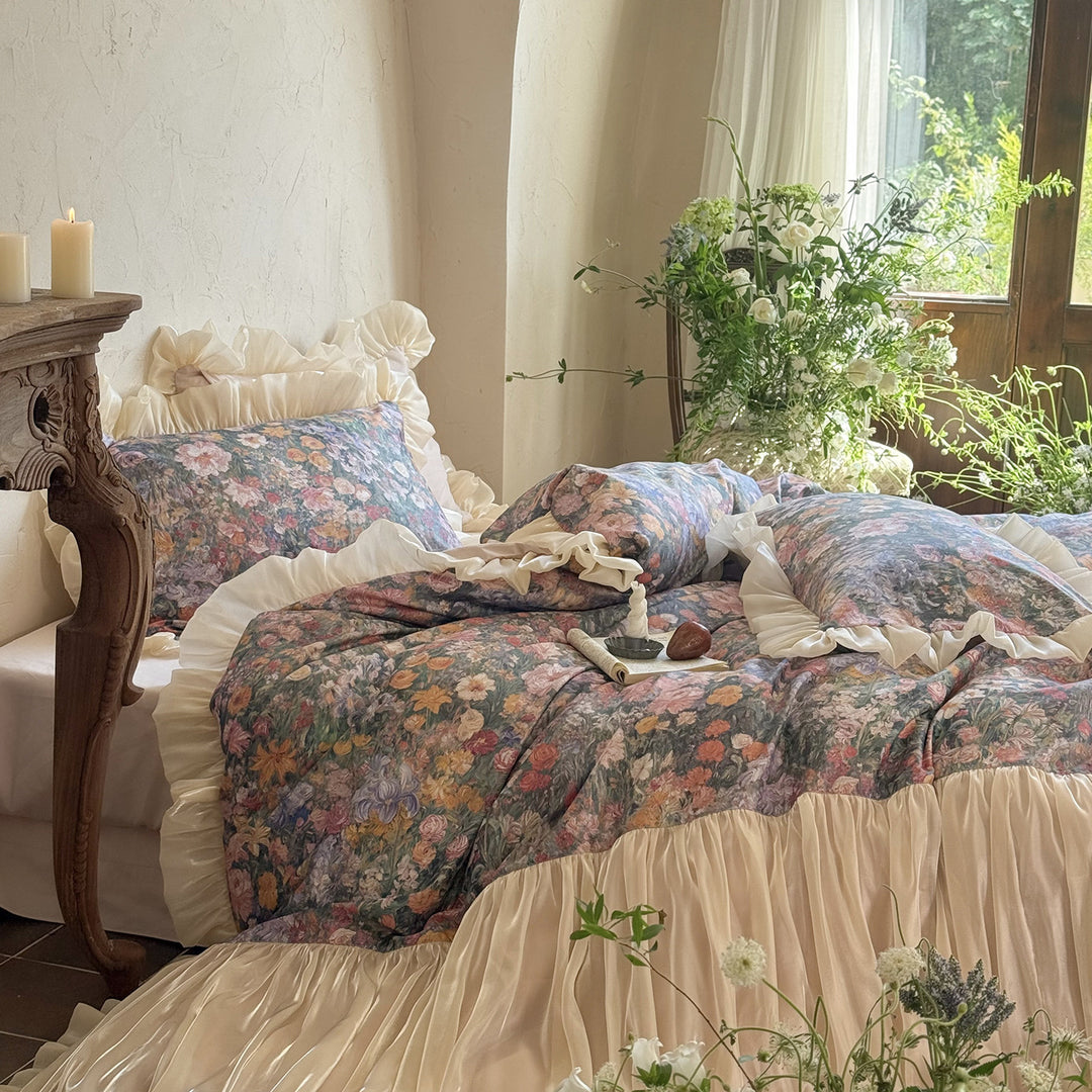 Romantic bedding set with floral center panel and pleated satin ruffle