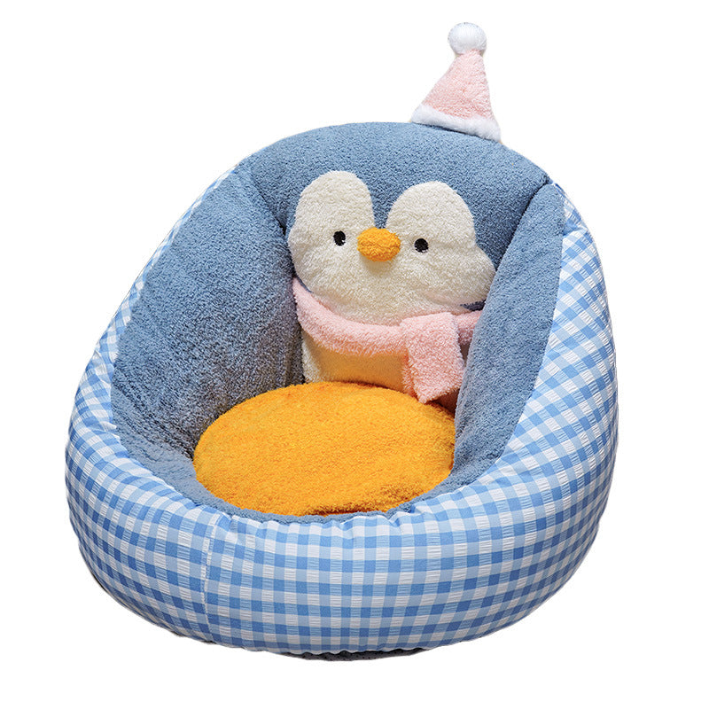Cozy pet bed with plush penguin back support and ergonomic cuddle pillow
