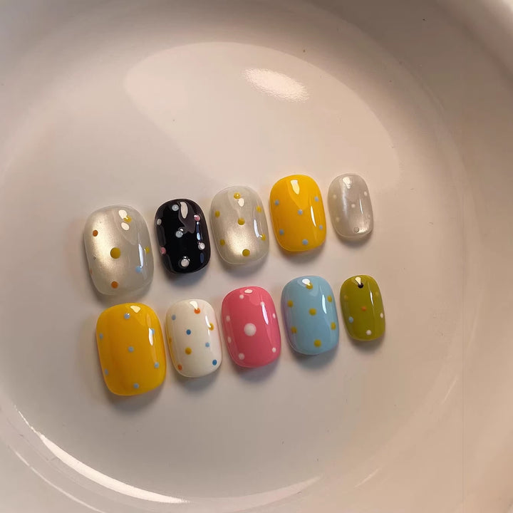 Artistic Press-On Nail Set with Colorful Dot Patterns