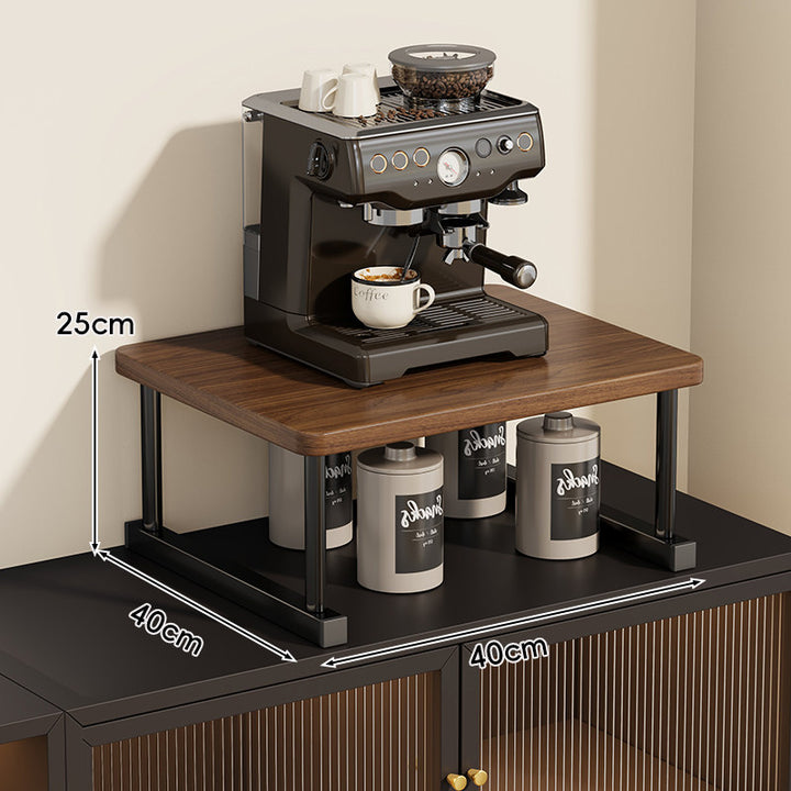 Two-Tier Countertop Coffee Station Shelf Riser with Walnut Top and Metal Frame