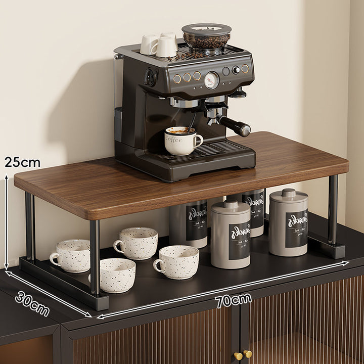 Two-Tier Countertop Coffee Station Shelf Riser with Walnut Top and Metal Frame