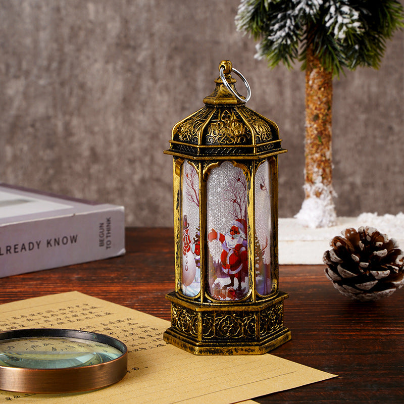 Vintage Moroccan-Style LED Snow Lantern with Rotating Christmas Scene