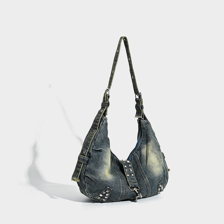 Distressed Denim Hobo Bag with Studded Accents