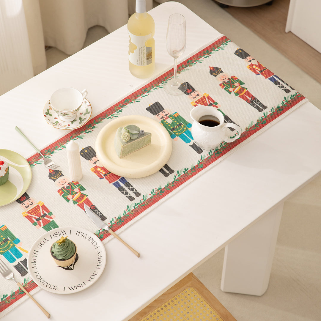 Christmas Jacquard Table Runner with Nutcracker Motif and Fringes