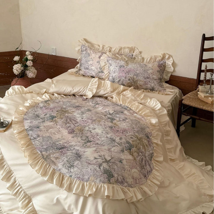 Romantic satin bedding set with ruffle and fine toile print